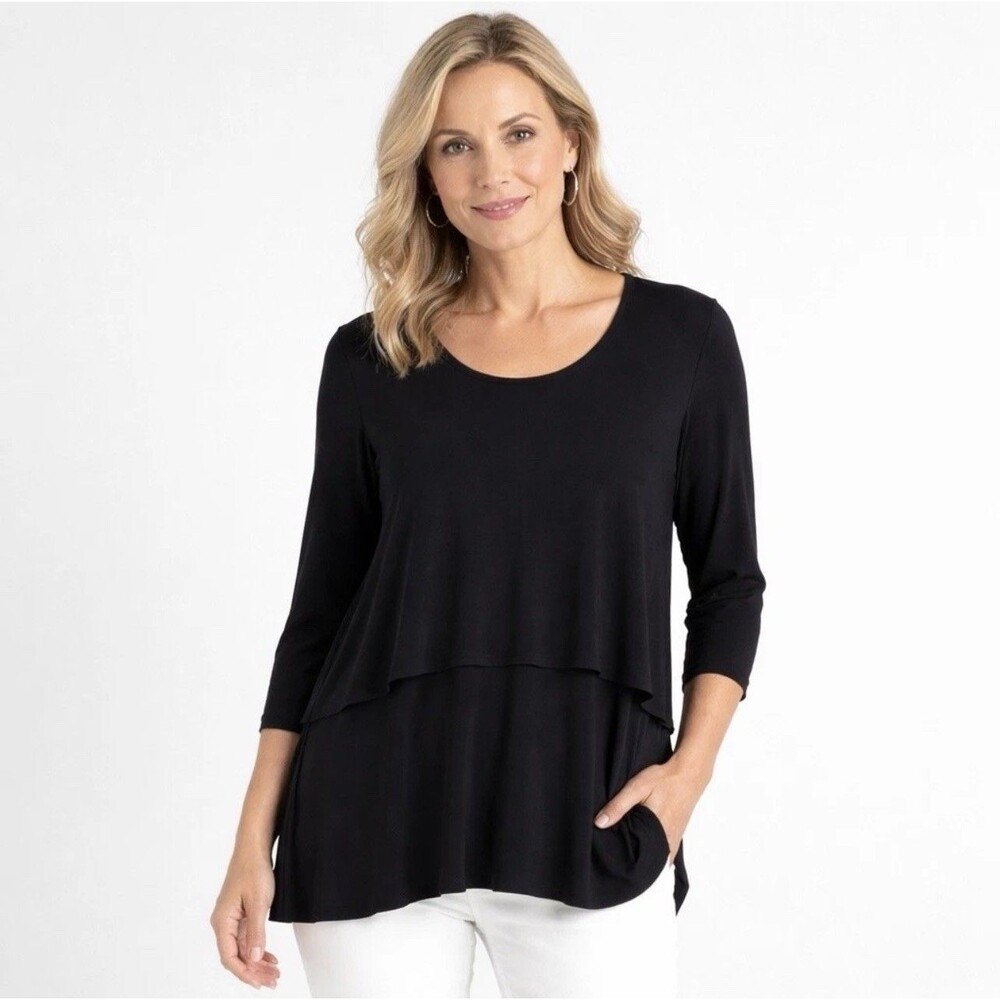 Sympli Tiered Scoop Neck LS Tunic Top Liquid Knit Stretchy Sz 14 Black Travel